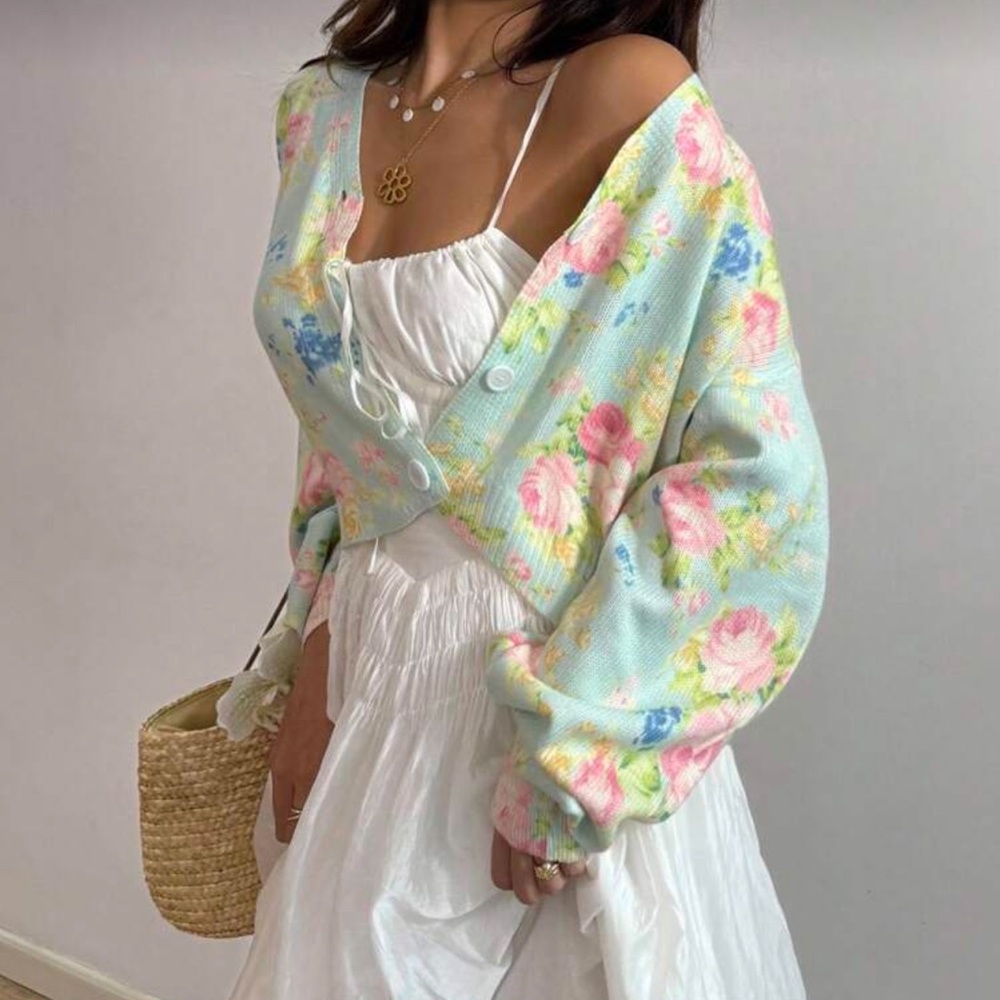 Bohemian Floral Button Loose Fit Crop Cardigan XS S M L XL